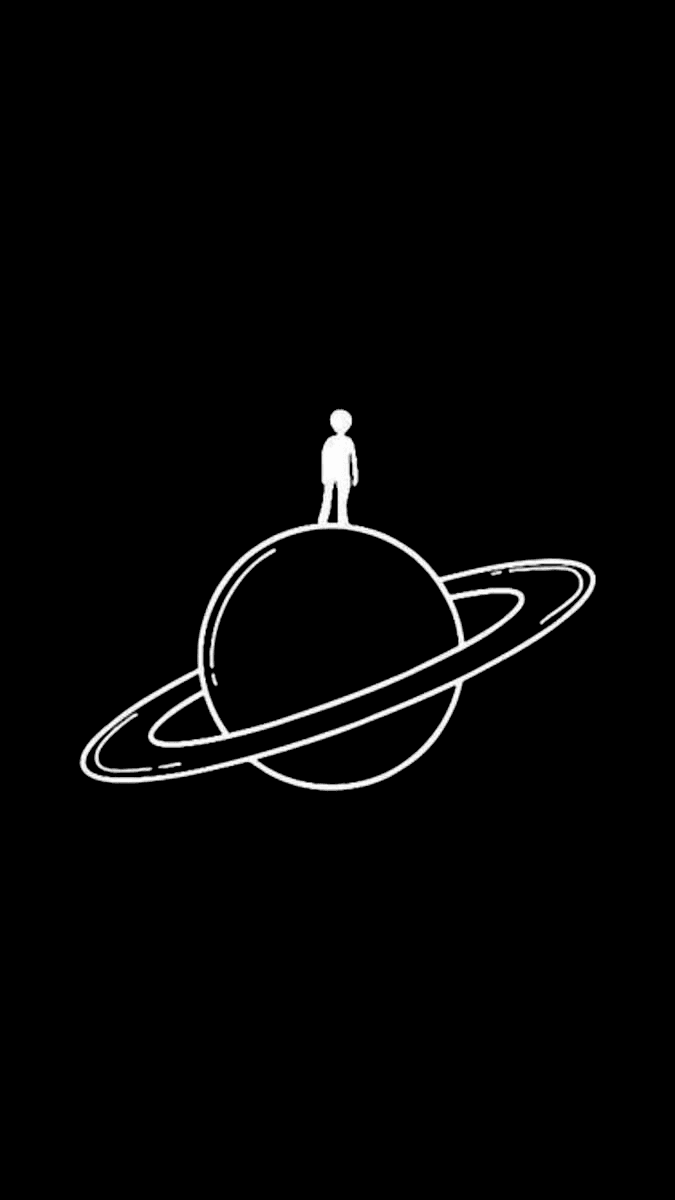 A white outlined Saturn with rings rising from bottom left to top right and a white human figure on a pure black background